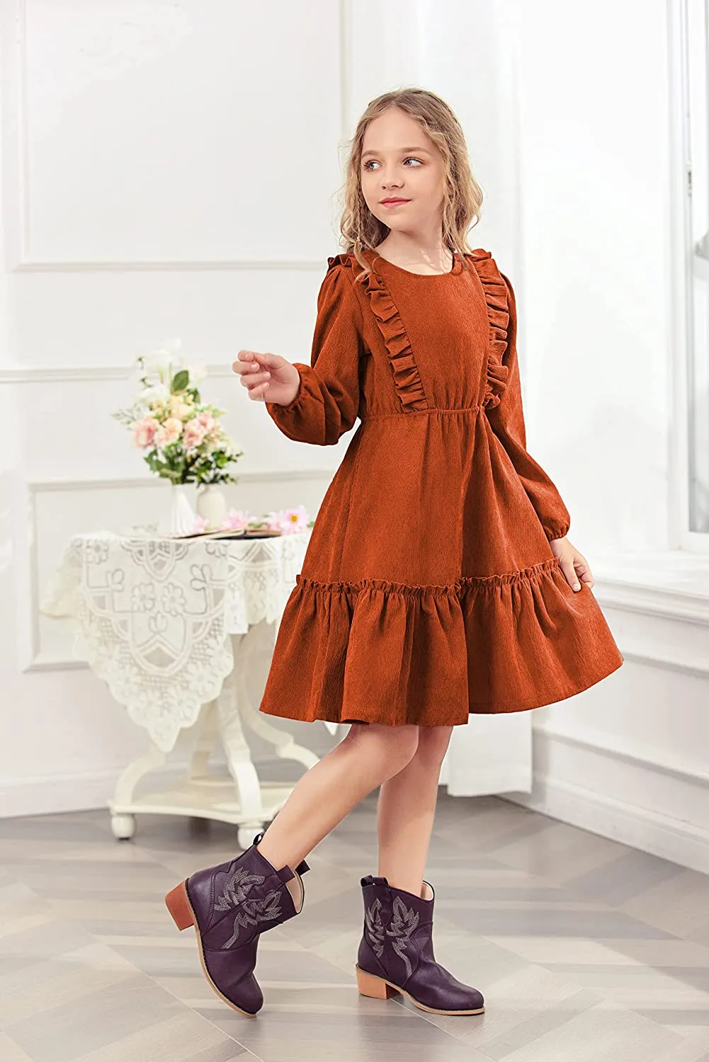 Arshiner Girls Dresses A-line Ruffled Button Corduroy Swing Dress