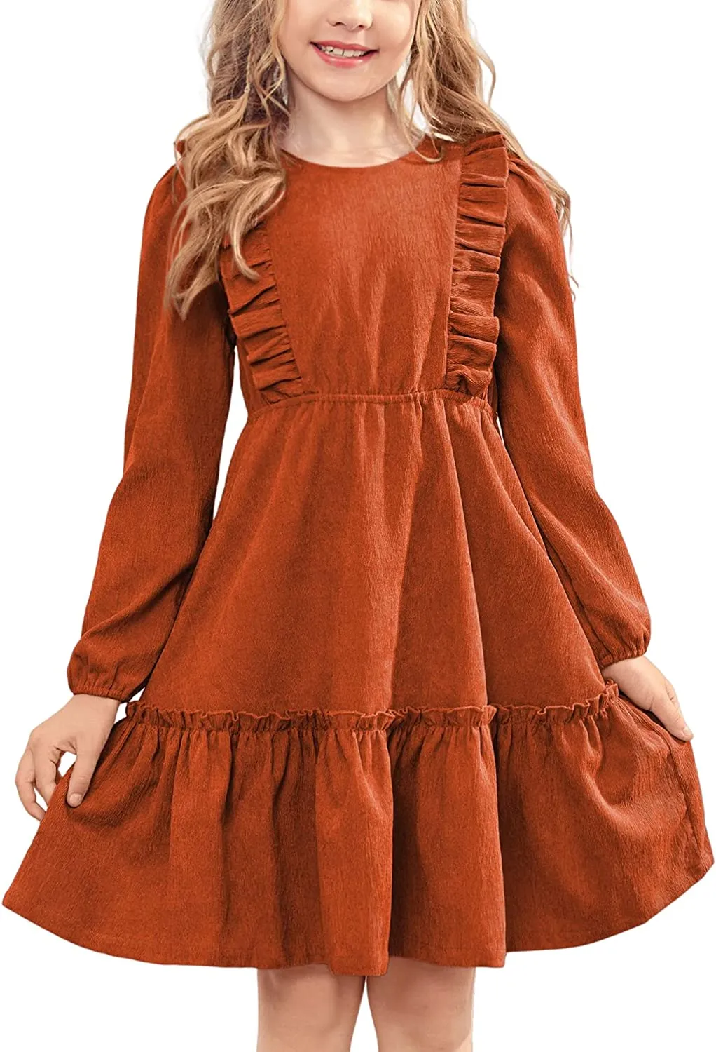 Arshiner Girls Dresses A-line Ruffled Button Corduroy Swing Dress