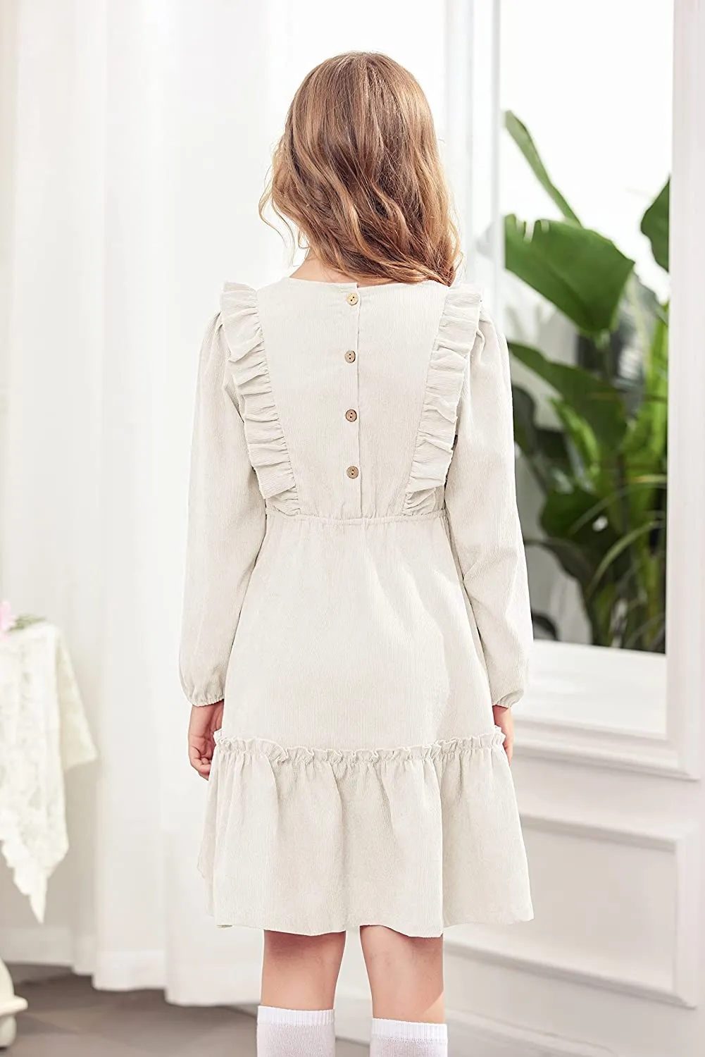 Arshiner Girls Dresses A-line Ruffled Button Corduroy Swing Dress