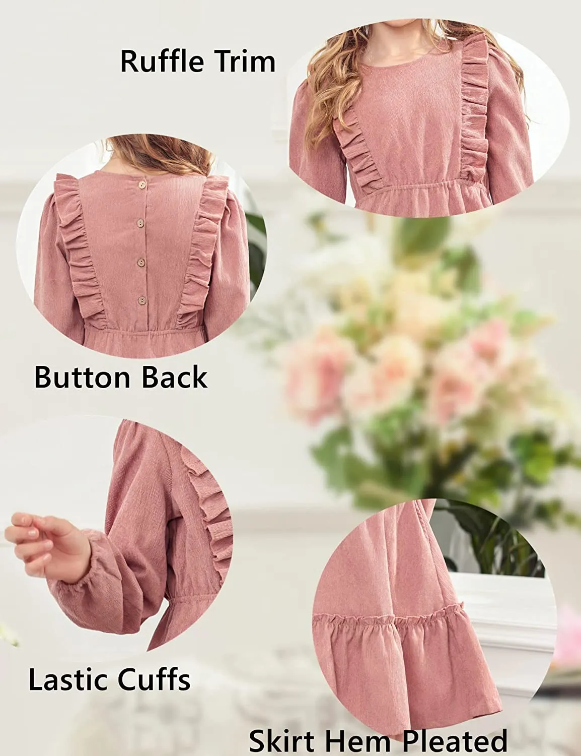 Arshiner Girls Dresses A-line Ruffled Button Corduroy Swing Dress