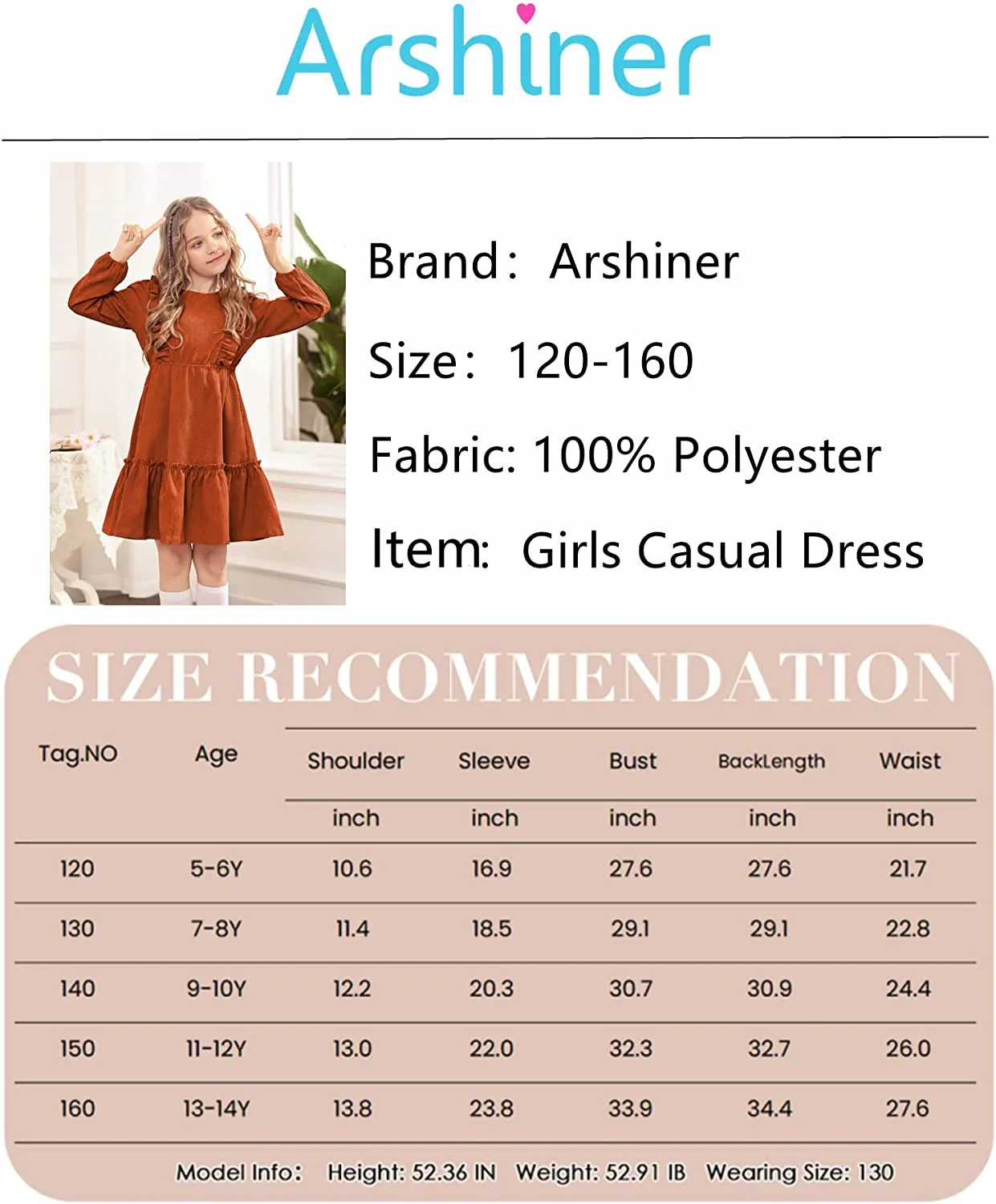 Arshiner Girls Dresses A-line Ruffled Button Corduroy Swing Dress