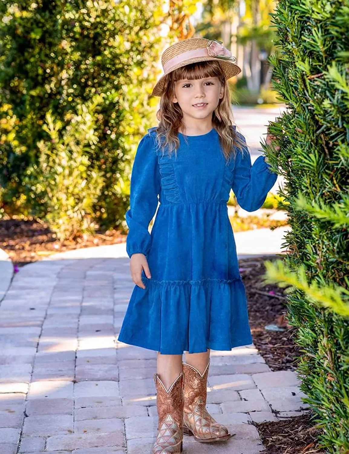 Arshiner Girls Dresses A-line Ruffled Button Corduroy Swing Dress