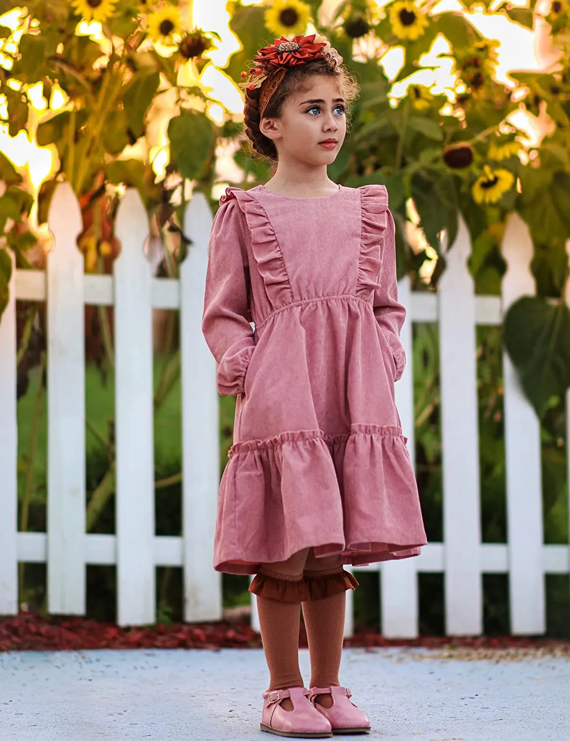 Arshiner Girls Dresses A-line Ruffled Button Corduroy Swing Dress
