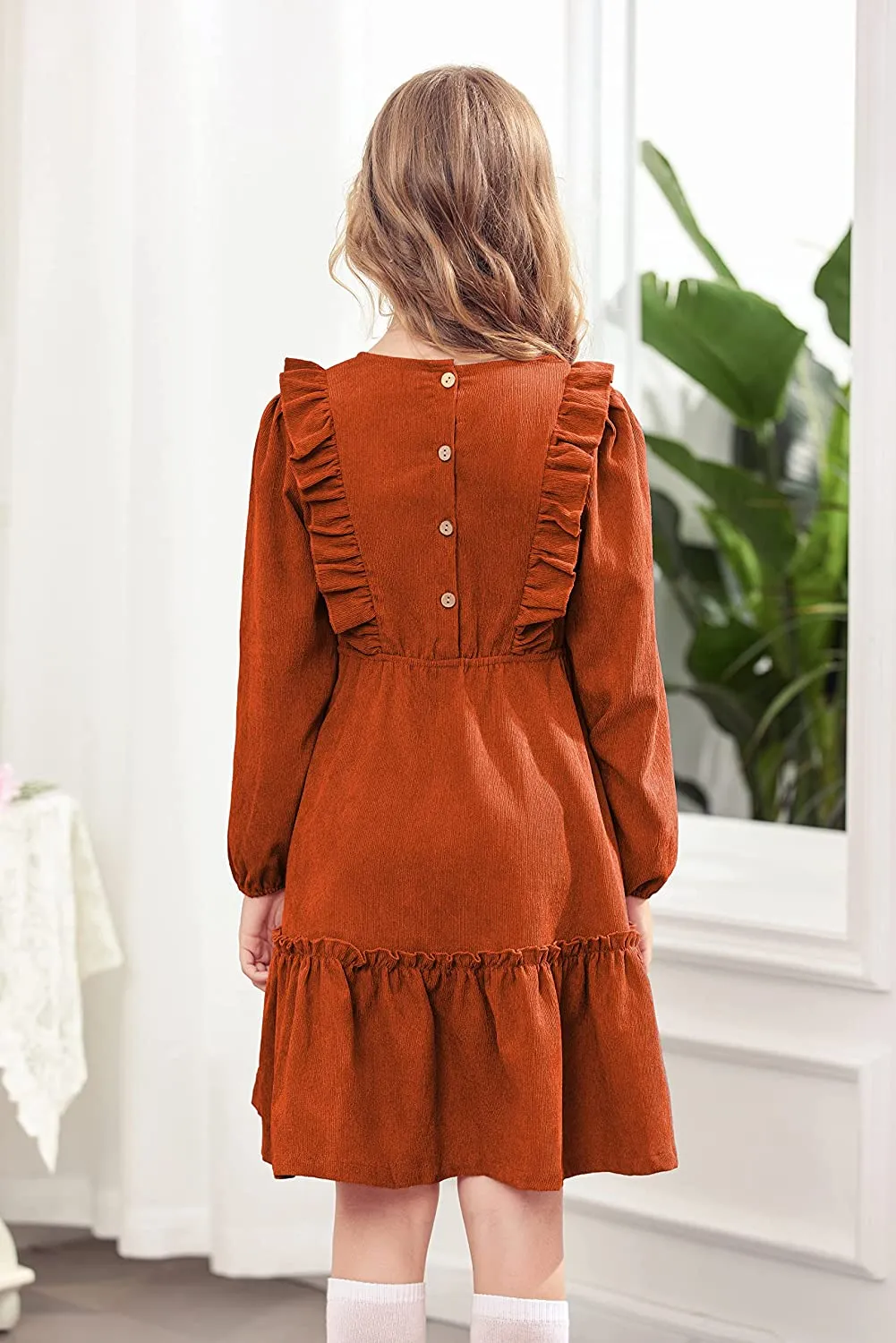 Arshiner Girls Dresses A-line Ruffled Button Corduroy Swing Dress
