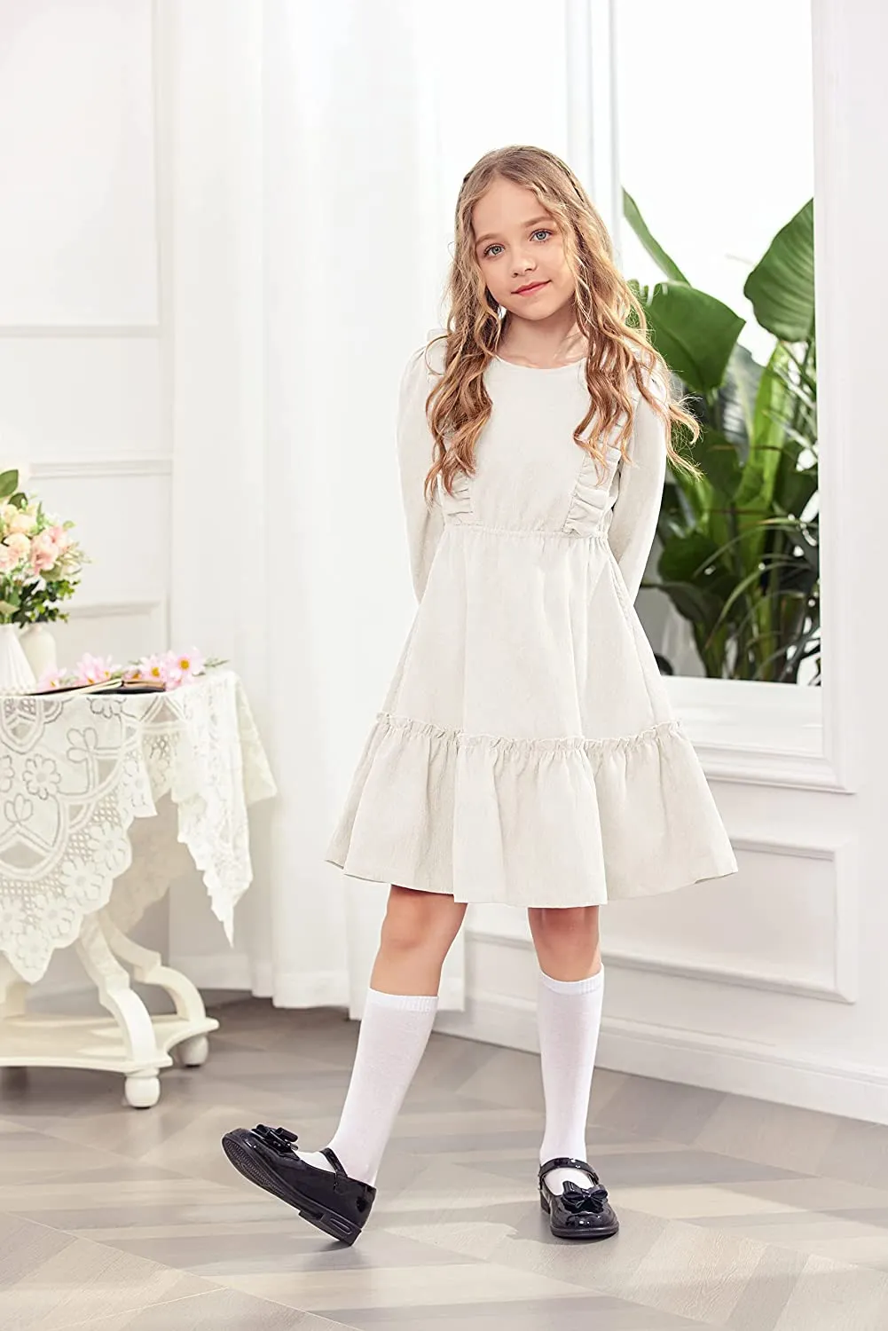 Arshiner Girls Dresses A-line Ruffled Button Corduroy Swing Dress