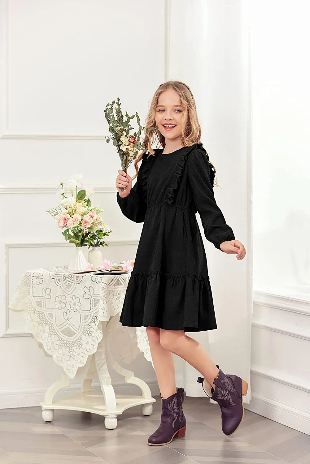 Arshiner Girls Dresses A-line Ruffled Button Corduroy Swing Dress