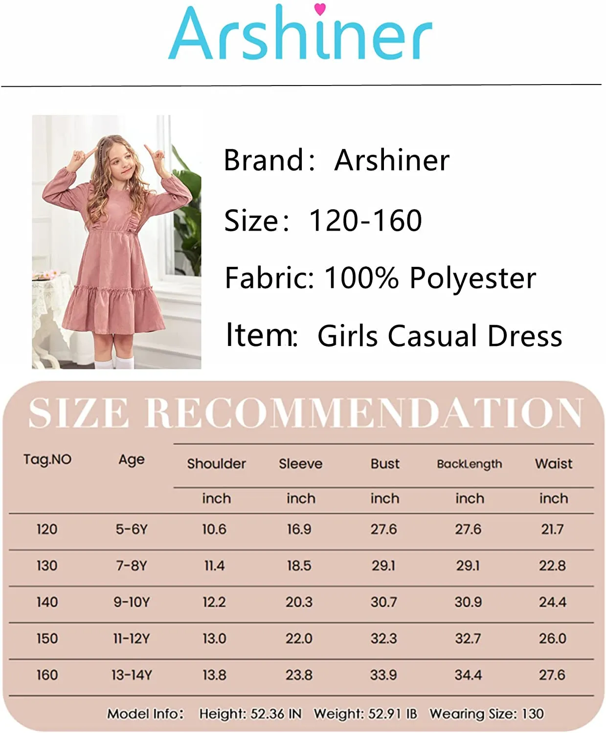 Arshiner Girls Dresses A-line Ruffled Button Corduroy Swing Dress