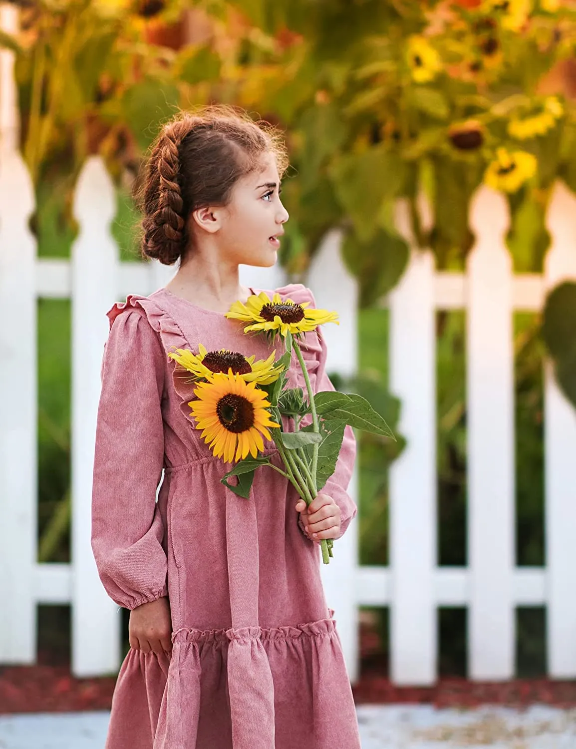 Arshiner Girls Dresses A-line Ruffled Button Corduroy Swing Dress