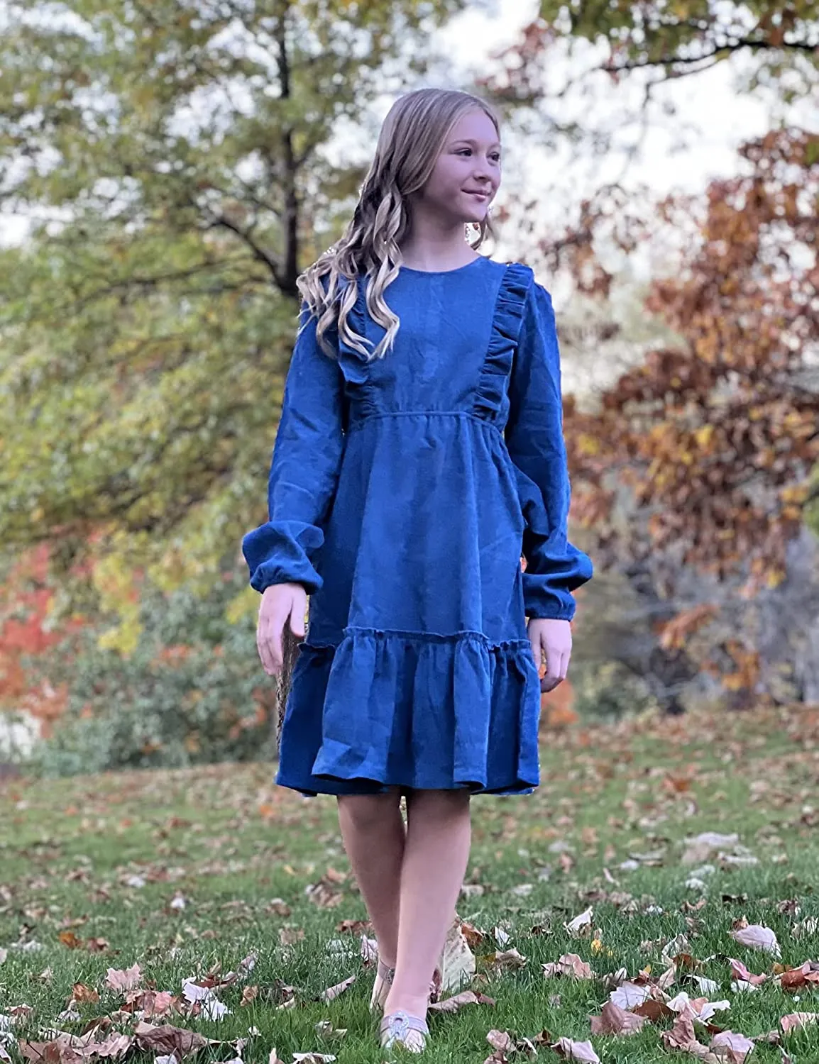 Arshiner Girls Dresses A-line Ruffled Button Corduroy Swing Dress