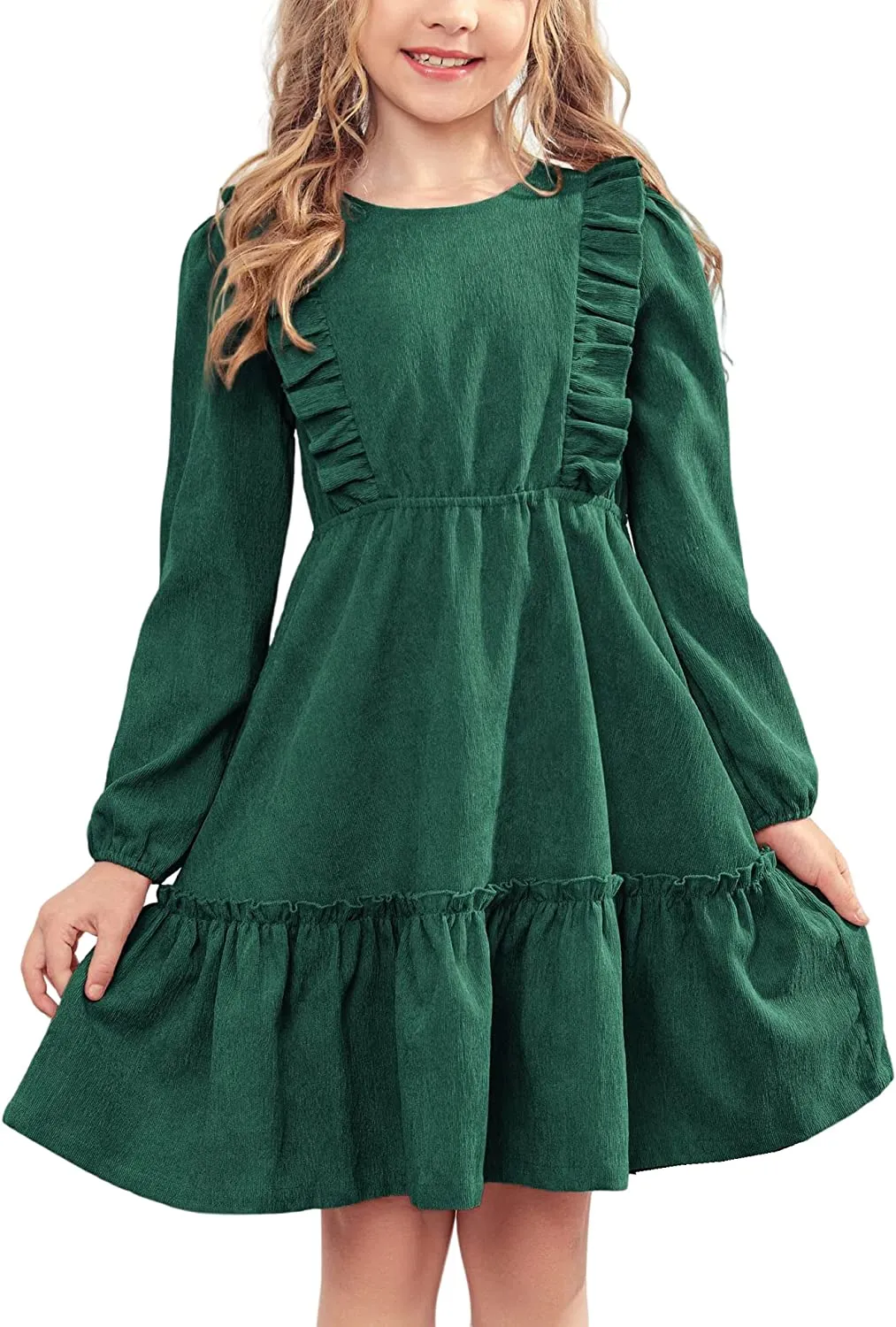 Arshiner Girls Dresses A-line Ruffled Button Corduroy Swing Dress
