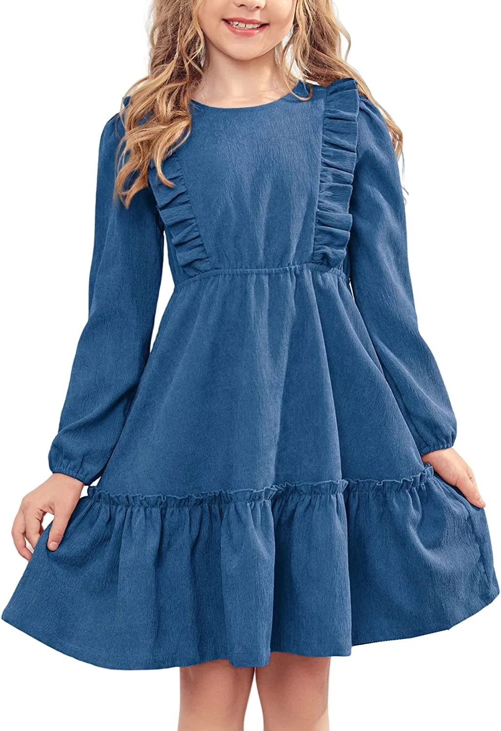 Arshiner Girls Dresses A-line Ruffled Button Corduroy Swing Dress