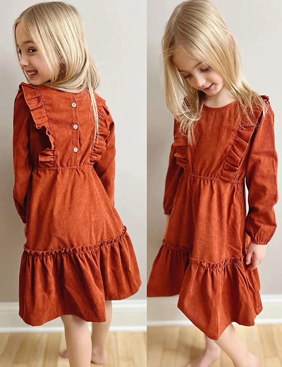 Arshiner Girls Dresses A-line Ruffled Button Corduroy Swing Dress