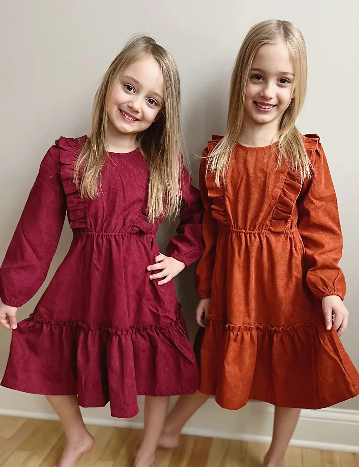 Arshiner Girls Dresses A-line Ruffled Button Corduroy Swing Dress