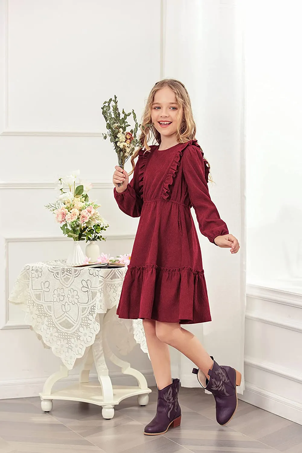 Arshiner Girls Dresses A-line Ruffled Button Corduroy Swing Dress