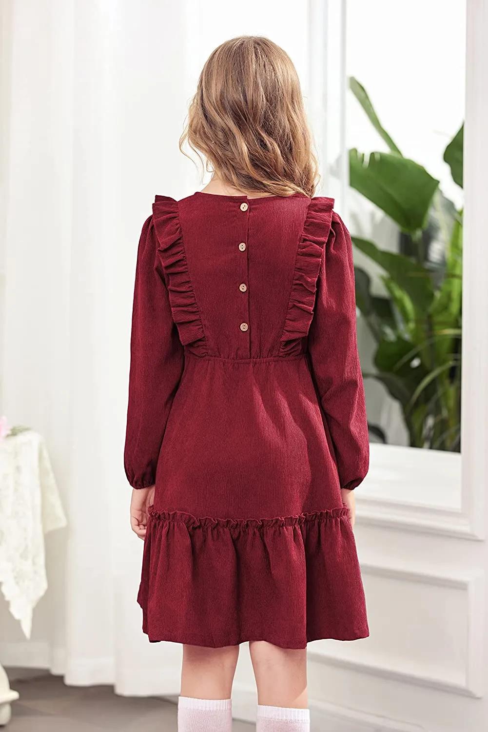 Arshiner Girls Dresses A-line Ruffled Button Corduroy Swing Dress