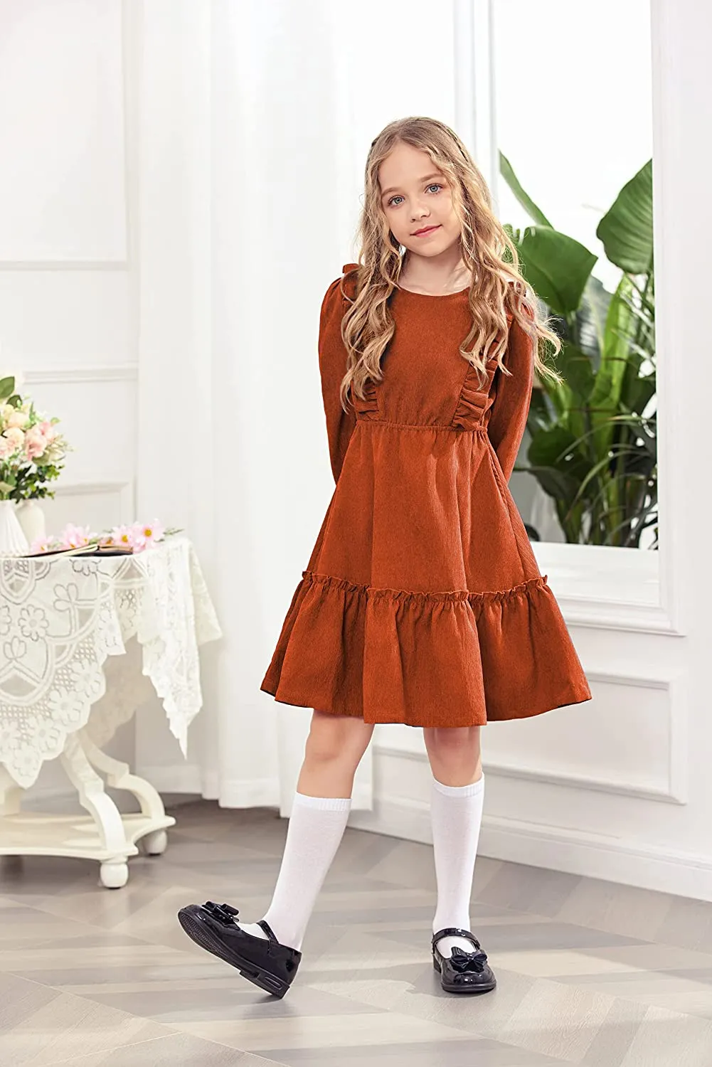 Arshiner Girls Dresses A-line Ruffled Button Corduroy Swing Dress
