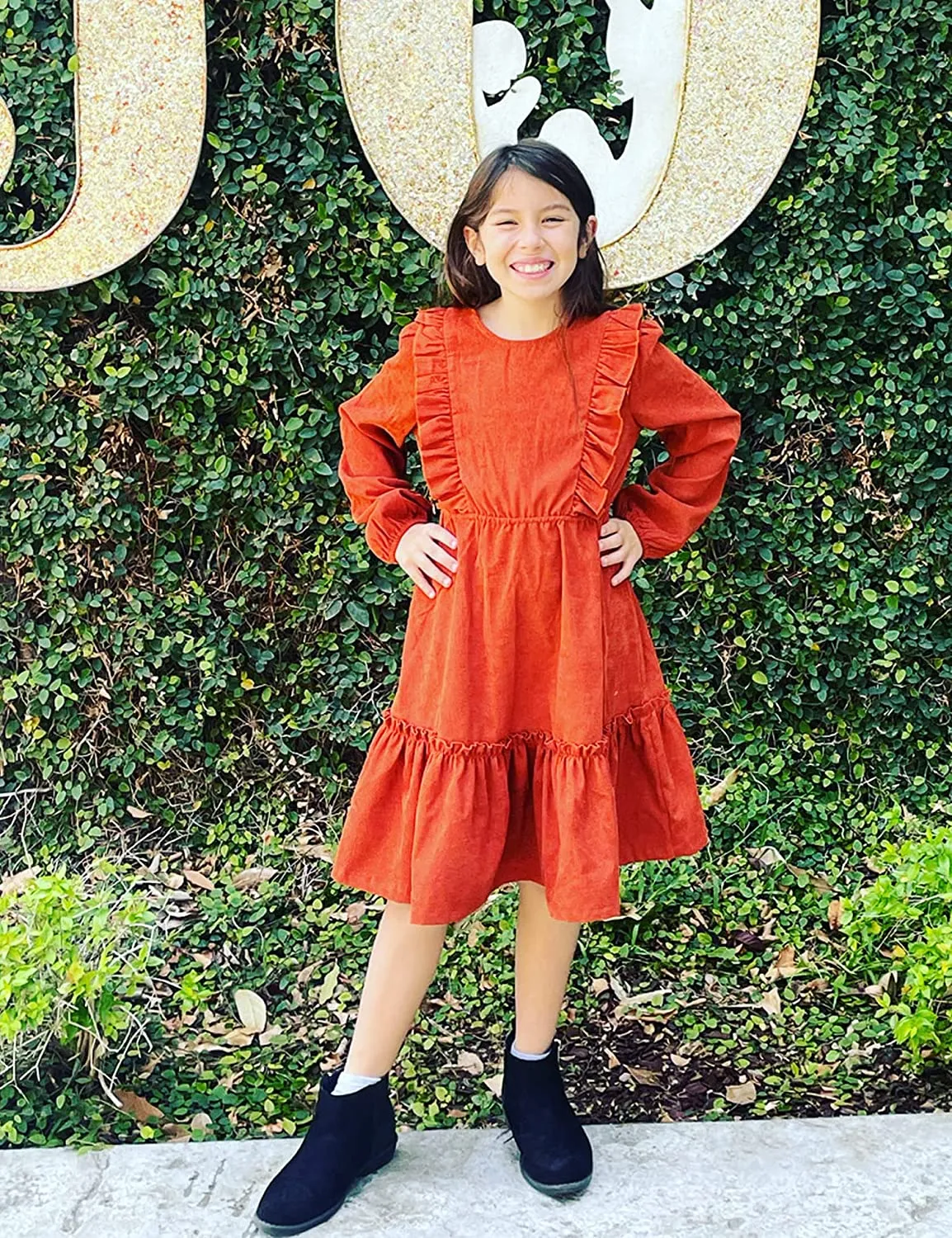 Arshiner Girls Dresses A-line Ruffled Button Corduroy Swing Dress