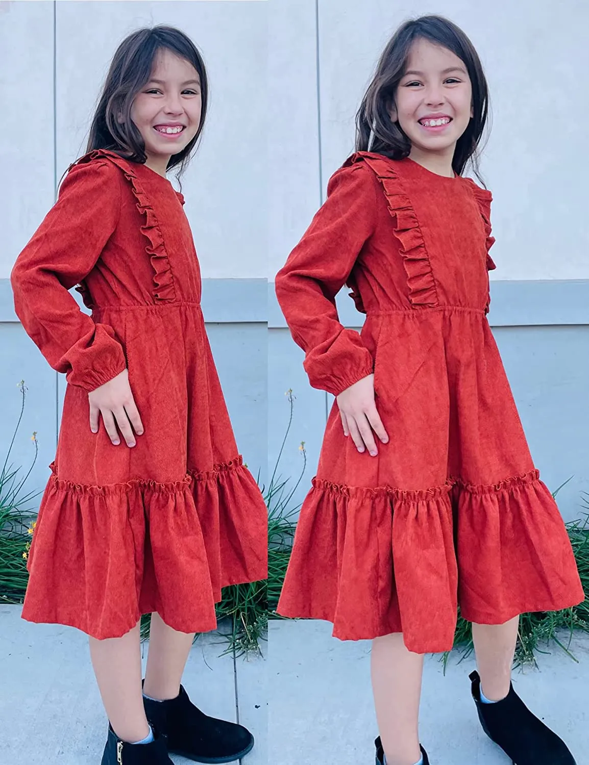 Arshiner Girls Dresses A-line Ruffled Button Corduroy Swing Dress
