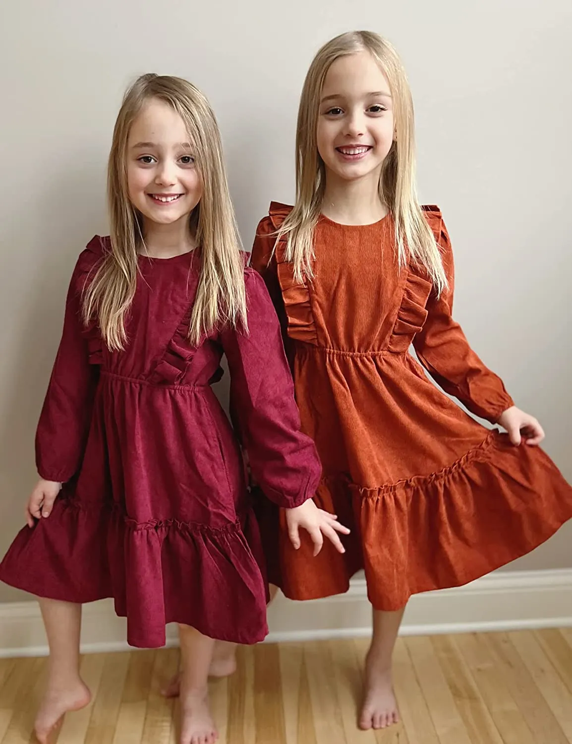 Arshiner Girls Dresses A-line Ruffled Button Corduroy Swing Dress