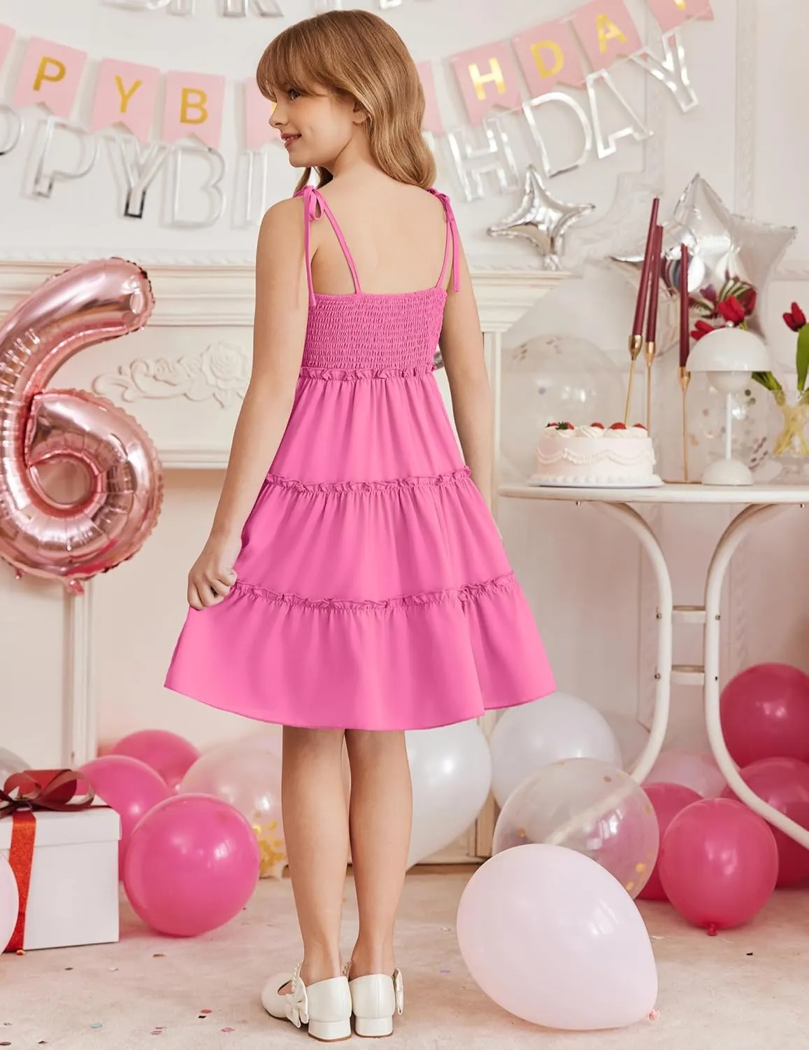 Arshiner Girls' Summer Sundress Boho Spaghetti Strap Ruffled Tiered Dresses Casual Midi Cami Dress
