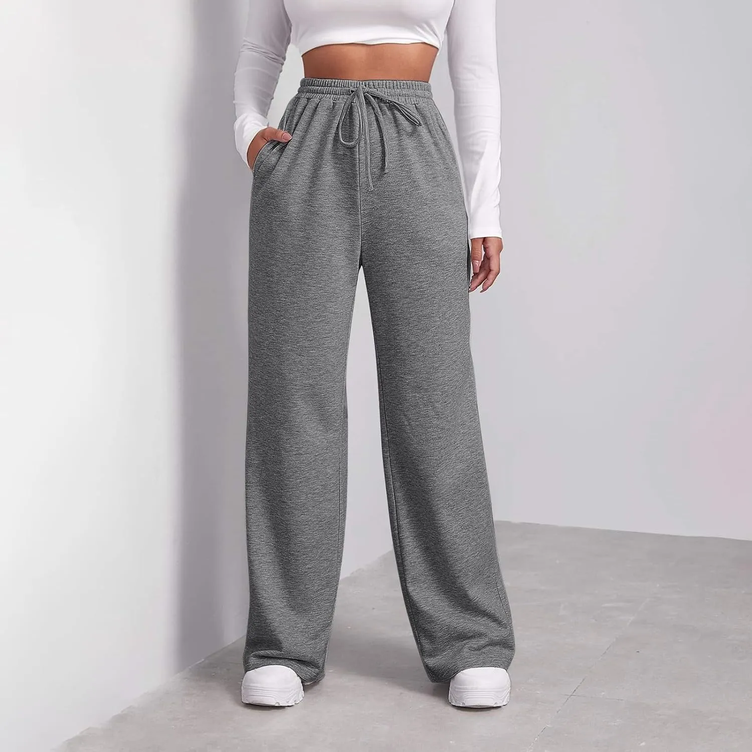 Baggy Wide Leg Sweatpants for Women Fleece Joggers with Pockets Comfy High Waist Lounge Pants Drawstring Sweat Pants