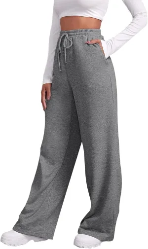 Baggy Wide Leg Sweatpants for Women Fleece Joggers with Pockets Comfy High Waist Lounge Pants Drawstring Sweat Pants