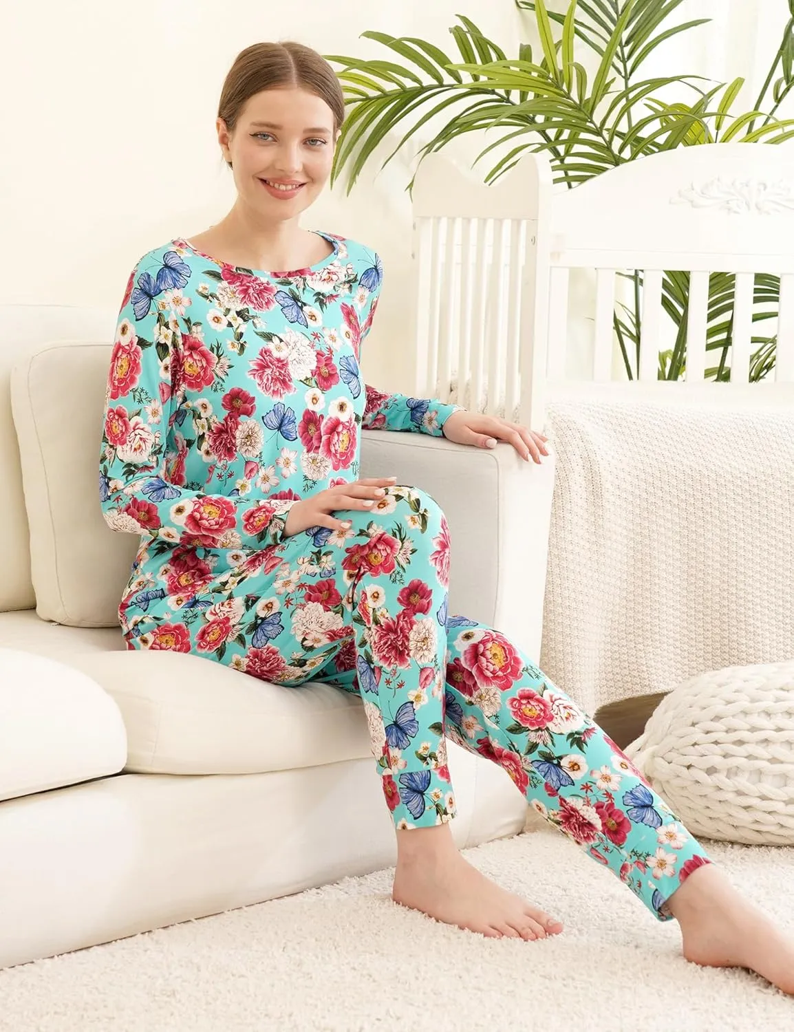 Bamboo Viscose Jogger Pajama Set for Women Long Sleeve Super Soft Sleep Set Comfy Pjs Sets