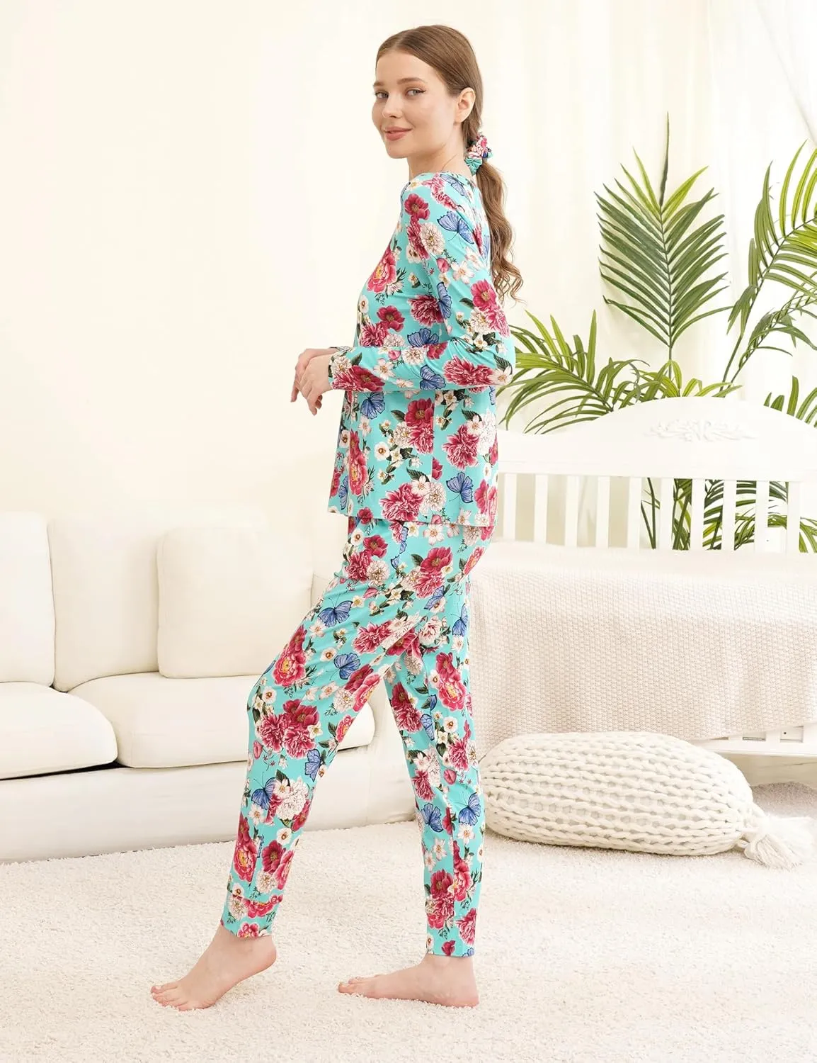Bamboo Viscose Jogger Pajama Set for Women Long Sleeve Super Soft Sleep Set Comfy Pjs Sets