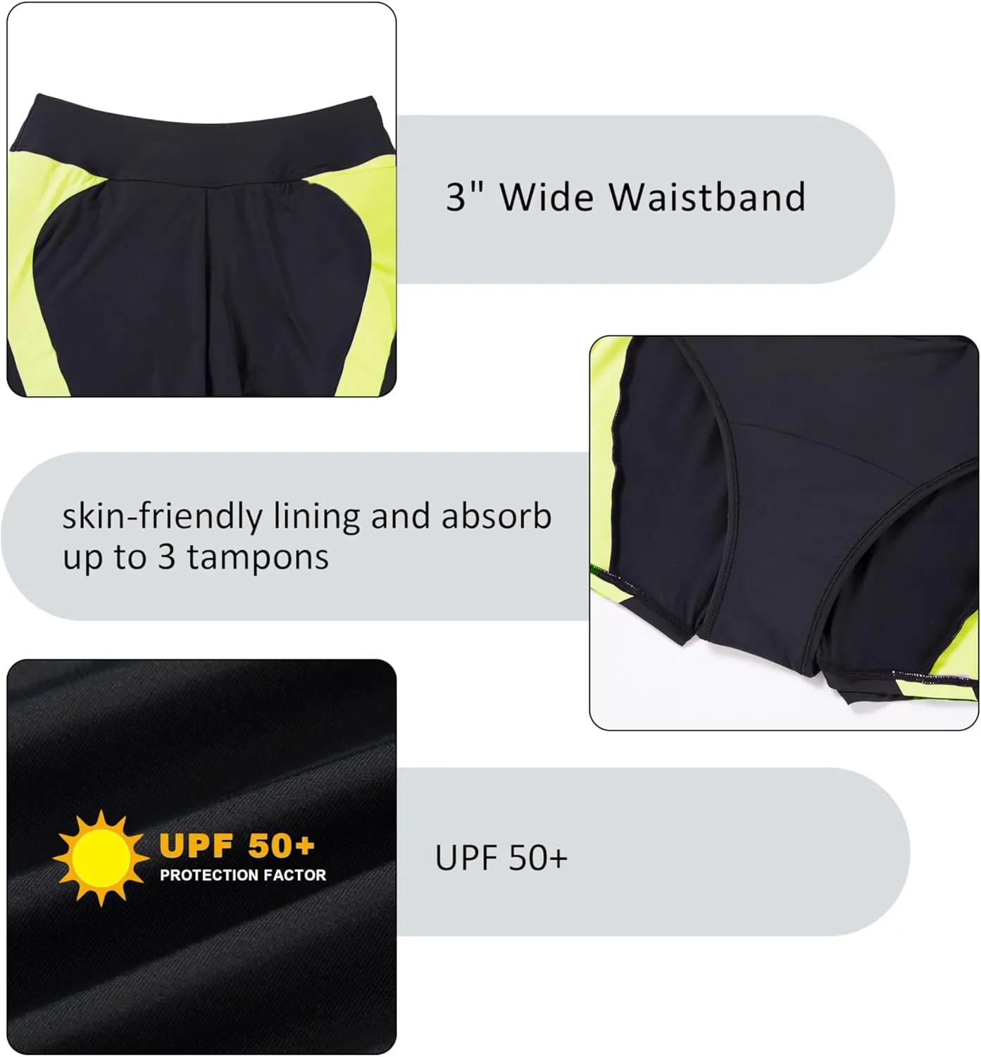 Beautikini Period Swimwear Menstrual Leakproof Swim Shorts Quick Dry 3" High Waisted Bathing Suit Bottoms for Girls Teens