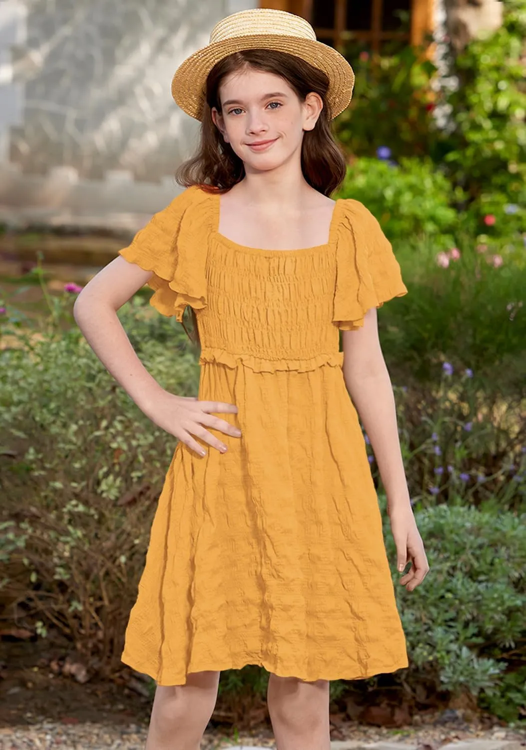 BesserBay Summer Girls Square Neck Smocked Short Sleeve Solid Midi Dress 5-14 Years