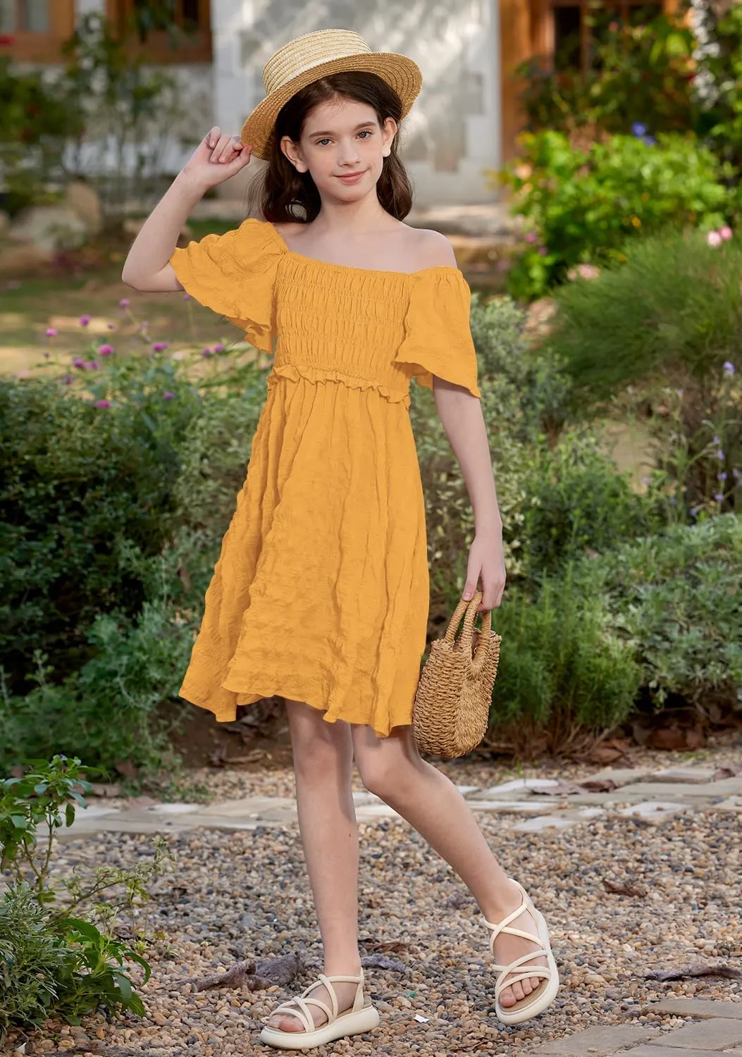 BesserBay Summer Girls Square Neck Smocked Short Sleeve Solid Midi Dress 5-14 Years
