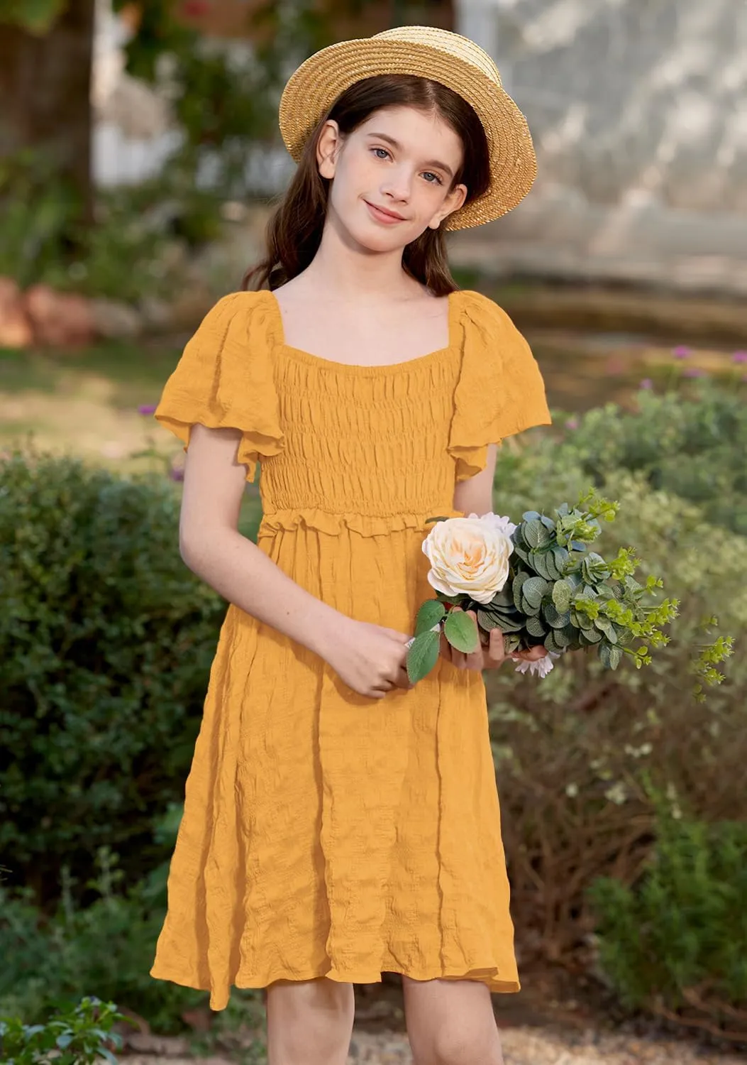 BesserBay Summer Girls Square Neck Smocked Short Sleeve Solid Midi Dress 5-14 Years