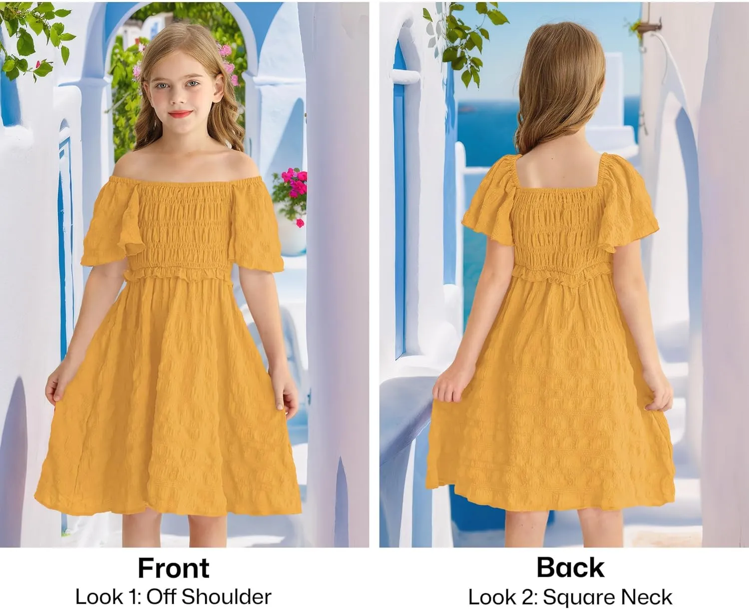 BesserBay Summer Girls Square Neck Smocked Short Sleeve Solid Midi Dress 5-14 Years