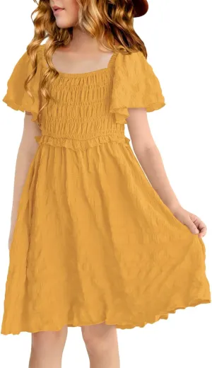 BesserBay Summer Girls Square Neck Smocked Short Sleeve Solid Midi Dress 5-14 Years