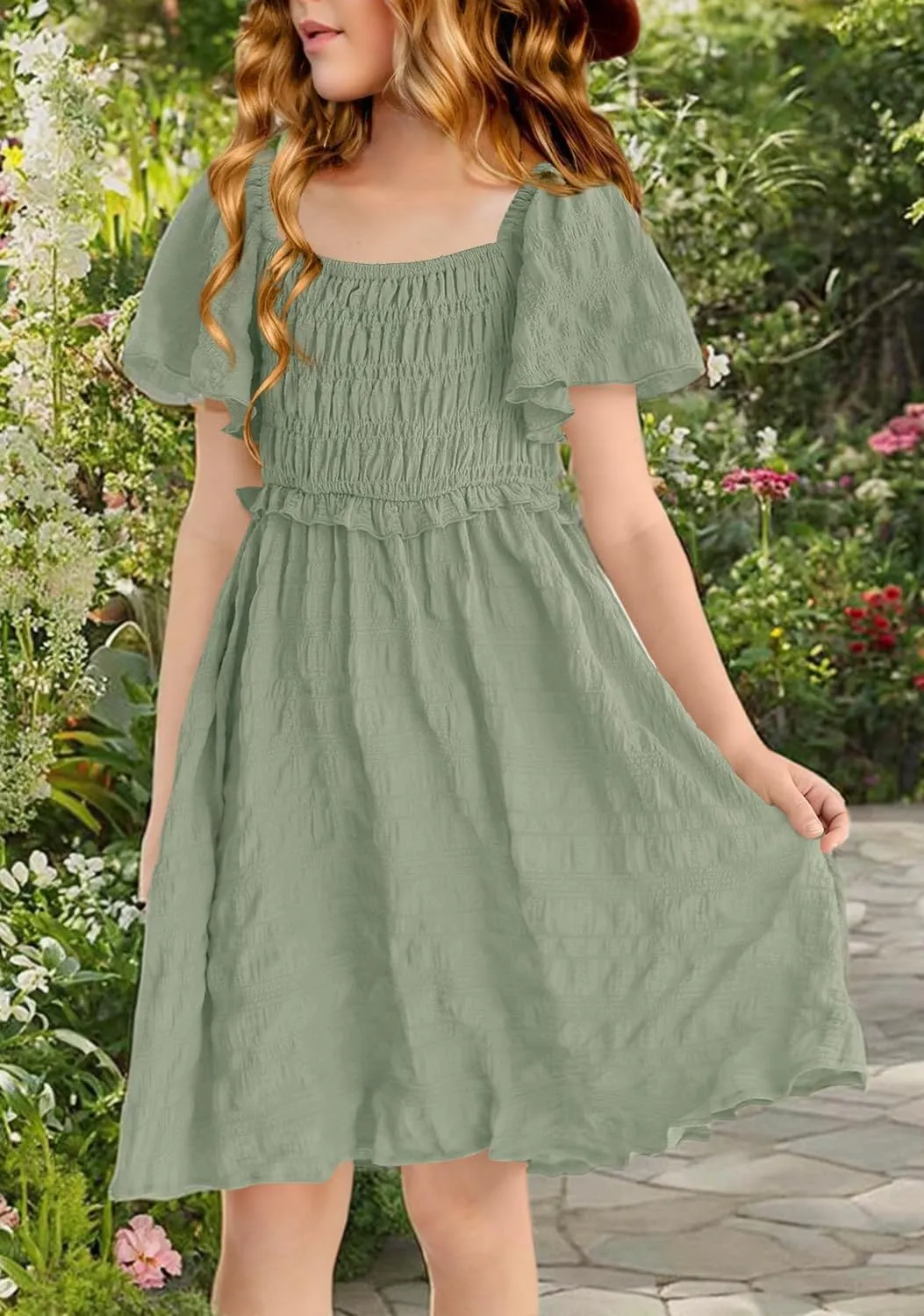 BesserBay Summer Girls Square Neck Smocked Short Sleeve Solid Midi Dress 5-14 Years