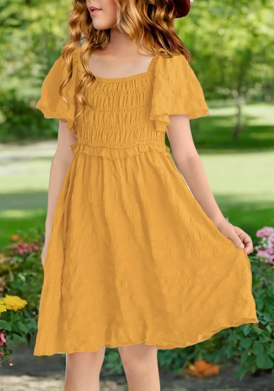 BesserBay Summer Girls Square Neck Smocked Short Sleeve Solid Midi Dress 5-14 Years