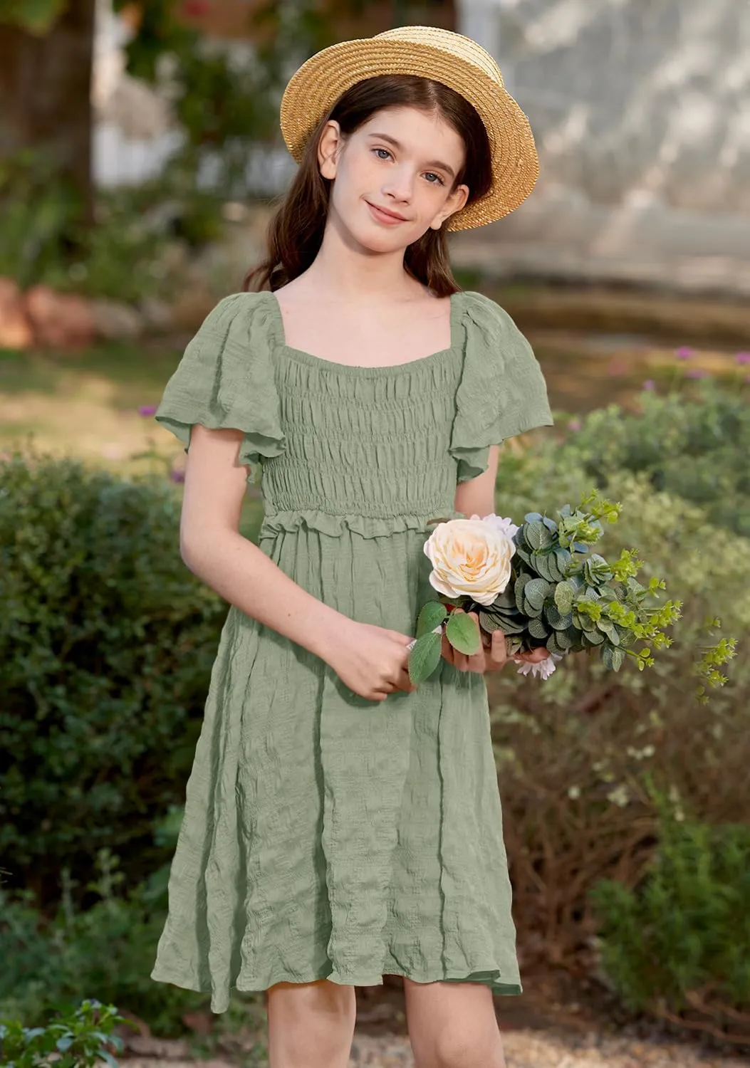 BesserBay Summer Girls Square Neck Smocked Short Sleeve Solid Midi Dress 5-14 Years