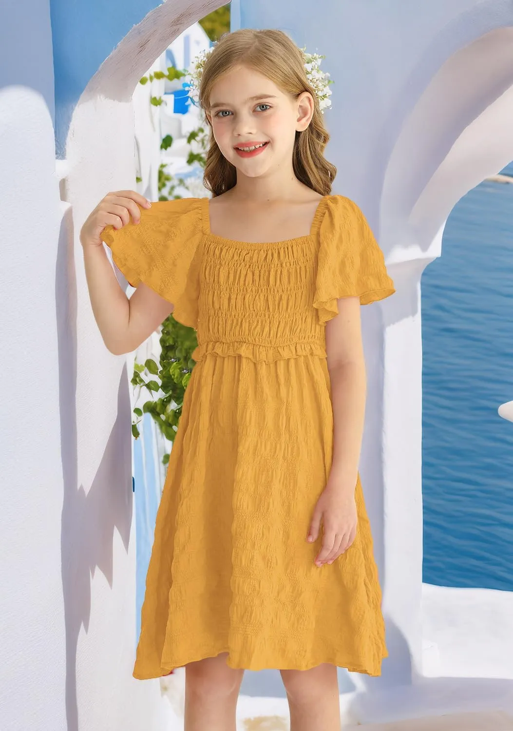 BesserBay Summer Girls Square Neck Smocked Short Sleeve Solid Midi Dress 5-14 Years
