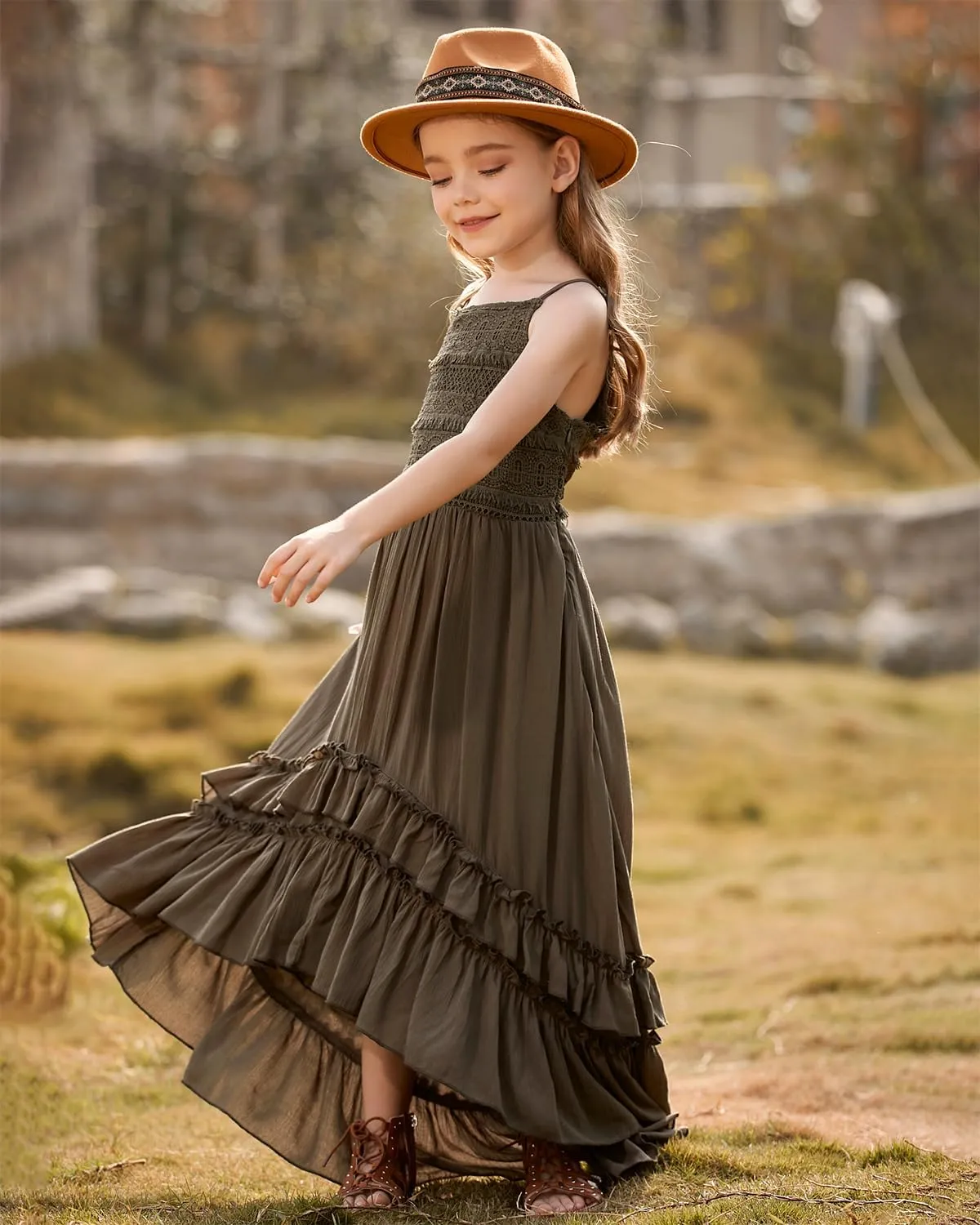 BIBIHOU Girls Kids Lace Backless Boho Holiday Wedding Maxi Flower Girl Dress