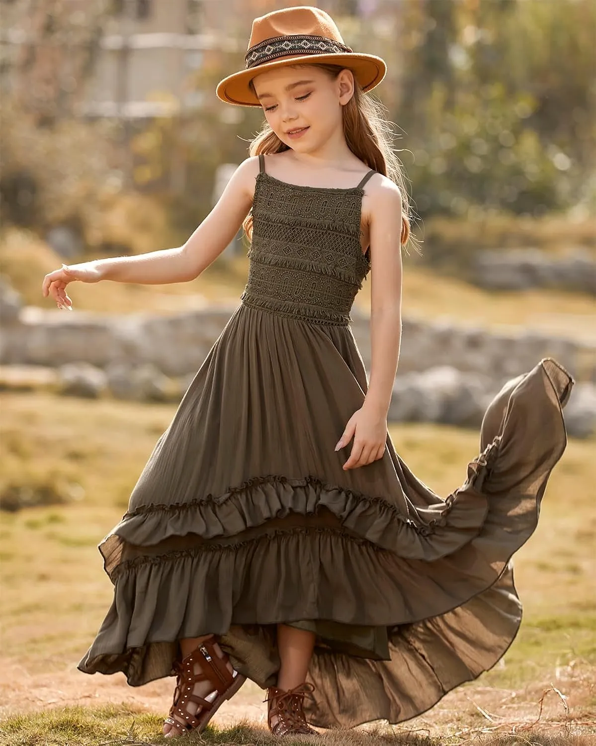 BIBIHOU Girls Kids Lace Backless Boho Holiday Wedding Maxi Flower Girl Dress