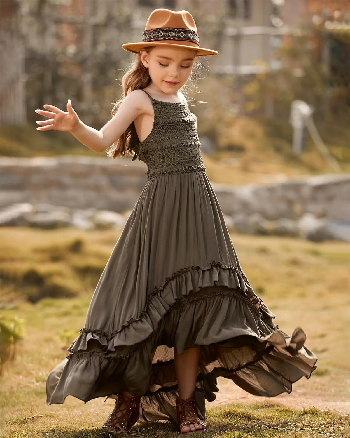 BIBIHOU Girls Kids Lace Backless Boho Holiday Wedding Maxi Flower Girl Dress