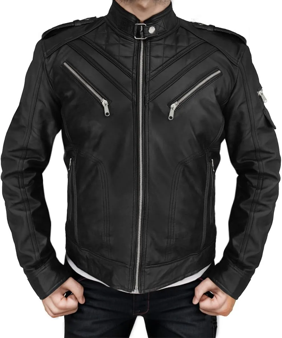 Black Real Lambskin Genuine Leather Jacket For Men - Motorcycle Diamond Quilted Leather Jacket Men Vintage Moto