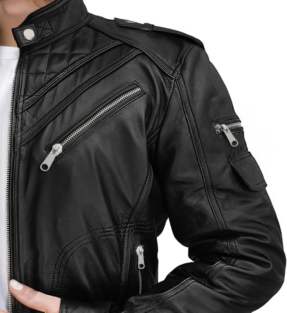 Black Real Lambskin Genuine Leather Jacket For Men - Motorcycle Diamond Quilted Leather Jacket Men Vintage Moto