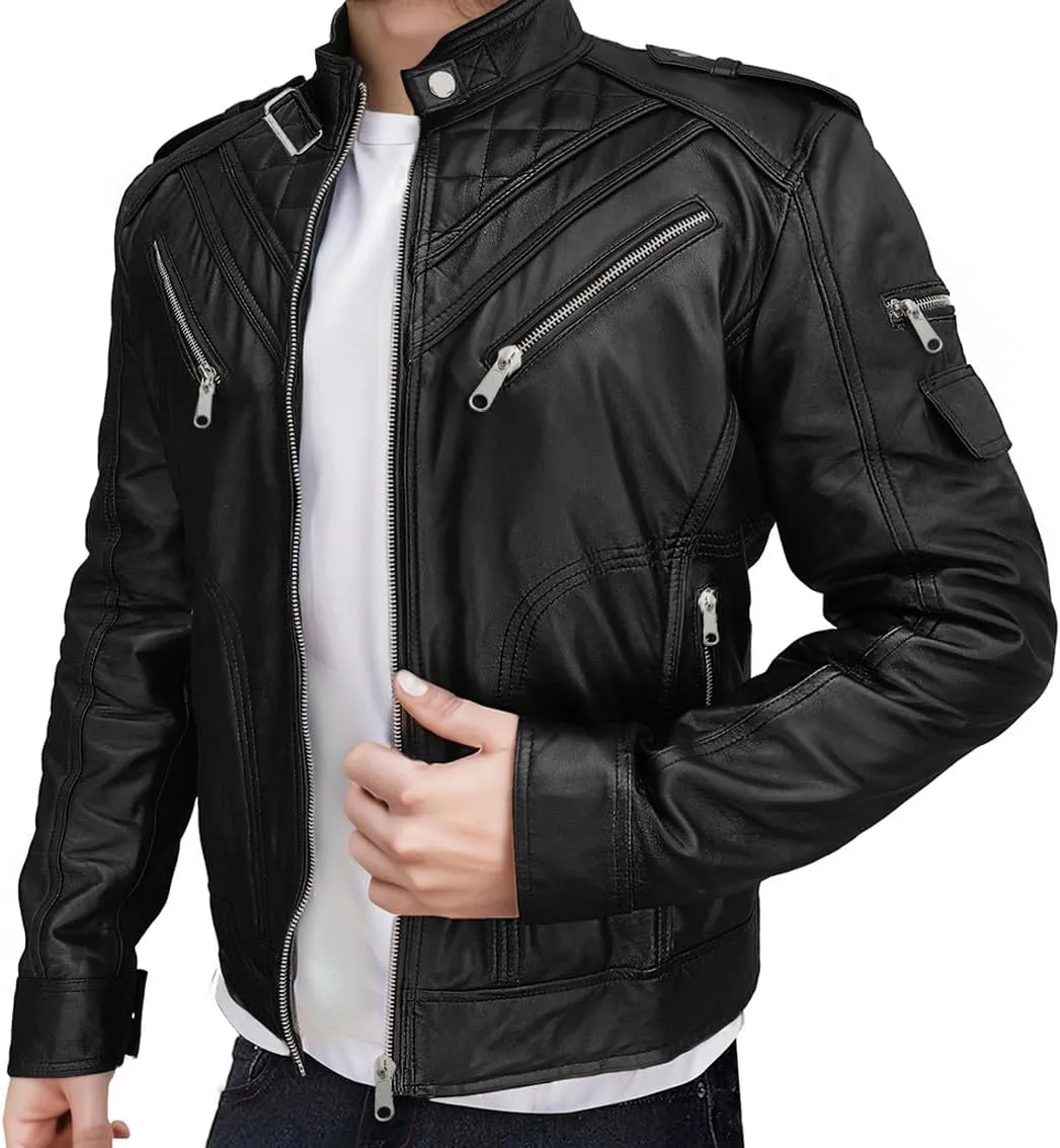 Black Real Lambskin Genuine Leather Jacket For Men - Motorcycle Diamond Quilted Leather Jacket Men Vintage Moto