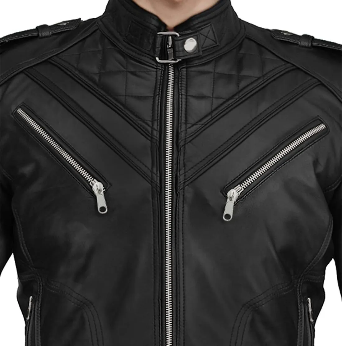 Black Real Lambskin Genuine Leather Jacket For Men - Motorcycle Diamond Quilted Leather Jacket Men Vintage Moto