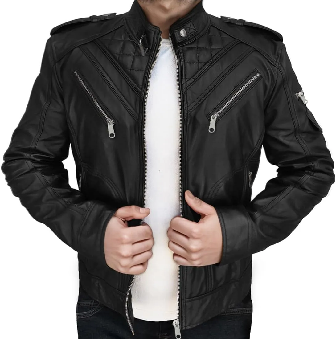 Black Real Lambskin Genuine Leather Jacket For Men - Motorcycle Diamond Quilted Leather Jacket Men Vintage Moto
