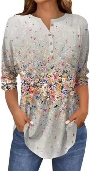 Boho Clothes for Women Button Up V-Neck Spring Fashion 2025 Dressy Casual Floral Shirts 3/4 Length Sleeve Tops