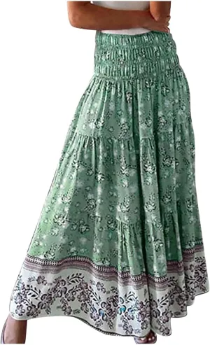 Boho Maxi Skirts for Women,2025 Summer Flowy High Waist A Line Vacation Skirt Elegant Pleated Floral Beach Skirts
