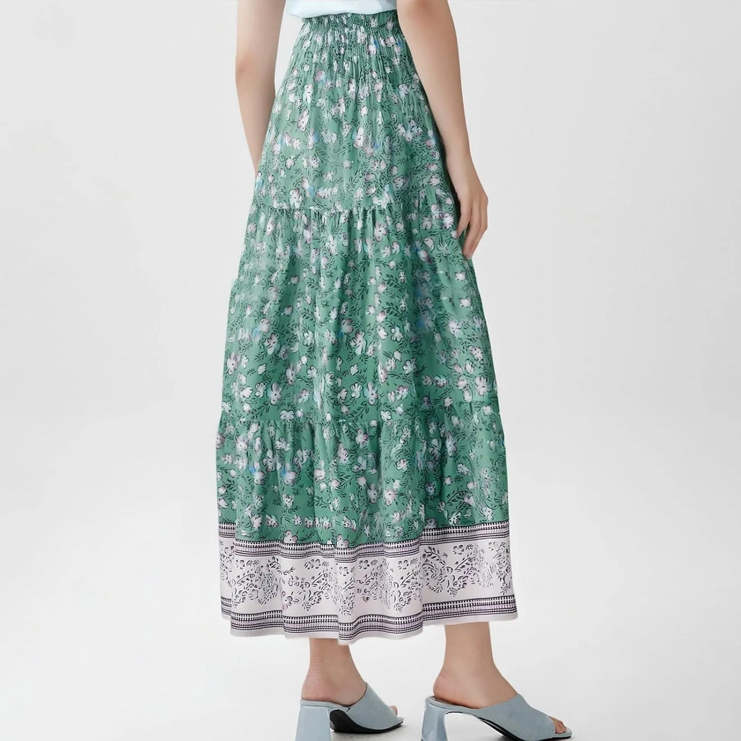 Boho Maxi Skirts for Women,2025 Summer Flowy High Waist A Line Vacation Skirt Elegant Pleated Floral Beach Skirts
