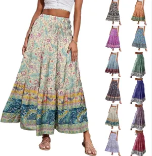 Boho Maxi Skirts for Women,2025 Summer Flowy High Waist A Line Vacation Skirt Elegant Pleated Floral Beach Skirts